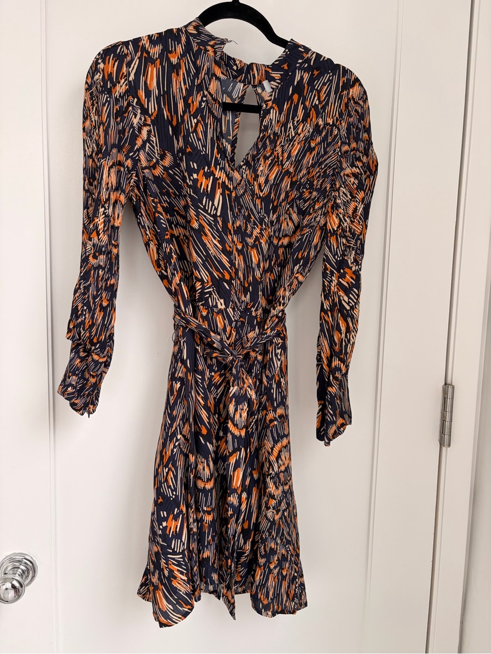 Reiss Navy Abstract-Print Long Sleeve Wrap Dress with Orange Accents